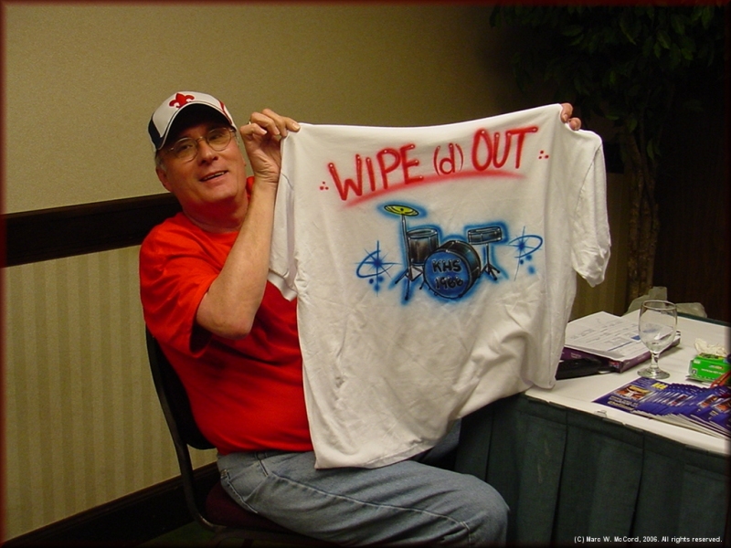 Danny Hammontree showing off his tribute shirt to The Extortions