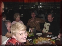 Brenda Babb, waiter, Jerry Babb, Jan Sandlin, Pam Hare Bazet, Walt Stierhoff and Gary Tatom