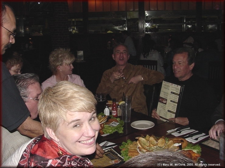 Brenda Babb, waiter, Jerry Babb, Jan Sandlin, Pam Hare Bazet, Walt Stierhoff and Gary Tatom